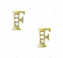 14k Yellow 1.5 Mm Round Cz Initial F Friction-back Earrings
