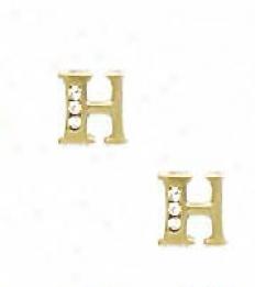 14k Yellow 1.5 Mm Round Cz Initial H Friction-back Earrings
