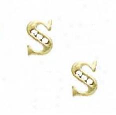 14k Yellow 1.5 Mm Round Cz Initial S Friction-back Earrings