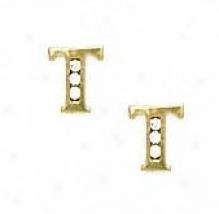 14k Yellow 1.5 Mm Round Cz Initial T Friction-back Earrings