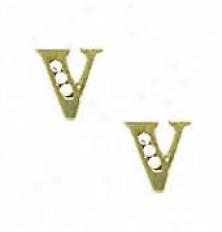 14k Yellow 1.5 Mm Round Cz Initial V Friction-back Earrings