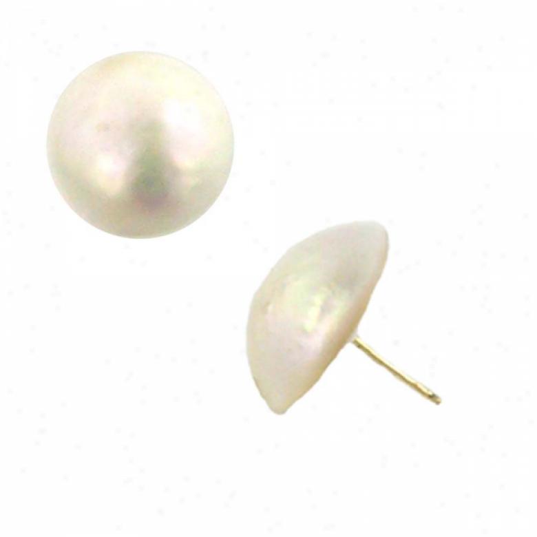 14k Yellow 16-18 Mm Button White Mabe Pearl Stud Earrings