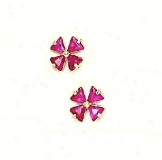 14k Yellow 3 Mm Trilliant Red Cz Childrens Clover Earrings