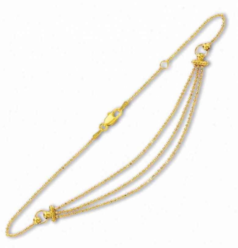 14k Yellow 3 Rows Drop Bead Anklet - 10 Inch