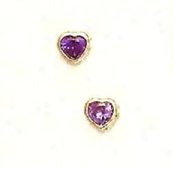 14k Yellow 4 Mm Heart Amethyst-purple Cz Earrings