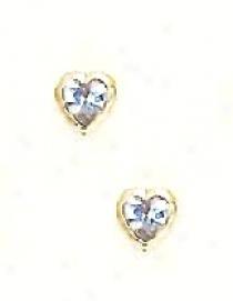 14k Yellow 4 Mm Heart Aquamarine-blue Cz Earrinhs