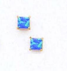 14k Yellow 4 Mm Square Dark Blue Opal Earrings