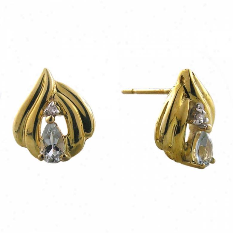 14k Yellow 4x3 Mm Oval Aquamarine And Diamond Stud Earrings
