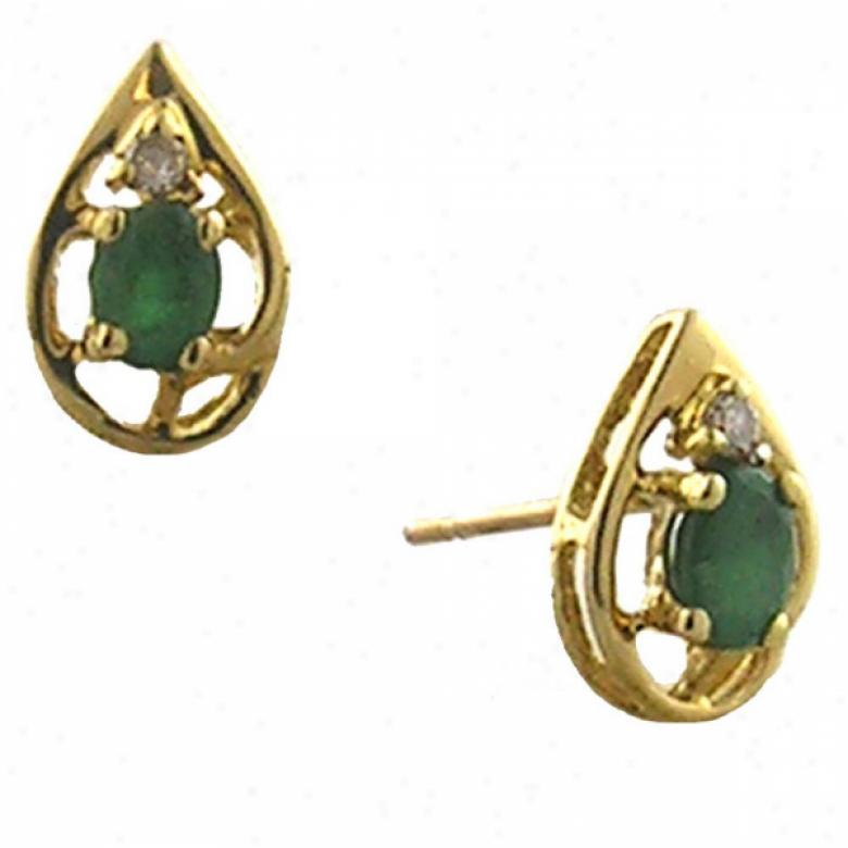 14k Yellow 4x3 Mm Oval Emerald And Diamond Stud Earrings