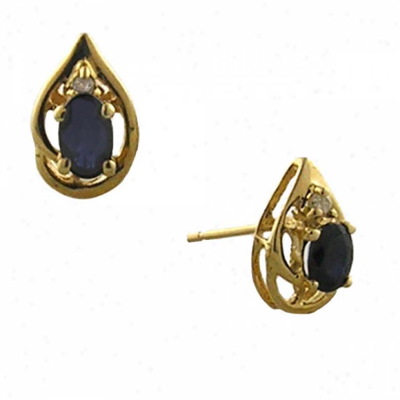 14k Yellow 4x3 Mm Oval Sapphire And Diamond Stud Earrings