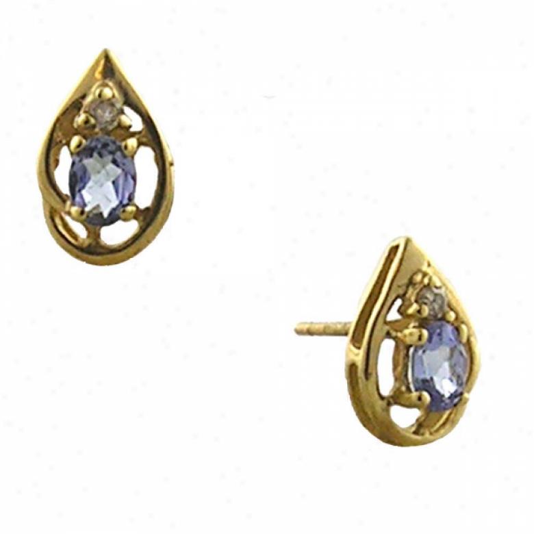 14k Golden 4x3 Mm Oval Tanzanite And Diamond Stud Earrings