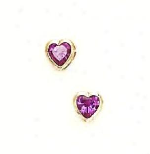 14k Golden 5 Mm Heart Alexandrite-pink Cz Earrings