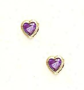14k Yellow 5 Mm Heart Amethyst-purple Cz Earrings