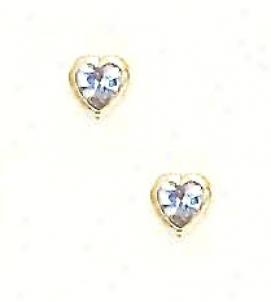 14k Yellow 5 Mm Heart Aquamarine-blue Cz Drop Earrings