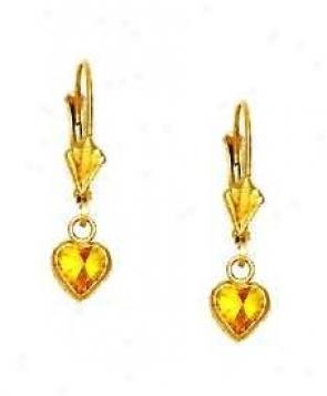 14k Yellow 5 Mm Heart Citrine-yellow Cz Drop Earrings