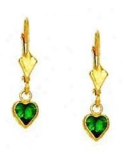 14k Yellow 5 Mm Heart Emerald-green Cz Drop Earrings