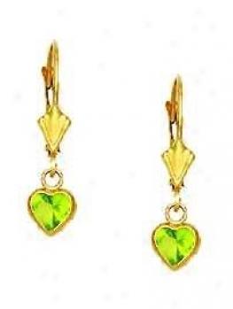 14k Yellow 5 Mm Heart Peridot-green Cz Drop Earrings