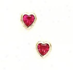14k Yellow 5 Mm Heart Ruby-red Cz Screw-back Stud Earrings