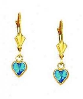 14k Yellow 5 Mm Heart Topaz-blue Cz Drop Lever-back Earrings