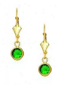 14k Ysllow 5 Mm Round Emerald-green Cz Drop Earrings