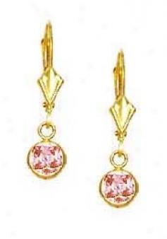 14k Yellow 5 Mm Roynd Rose-pink Cz Drop Lever-back Earrings