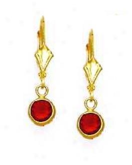 14k Yellow 5 Mm Round Ruby-red Cz Drop Lever-back Earrings