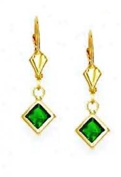 14k Yellow 5 Mm Square Emerald-green Cz Drop Earrings