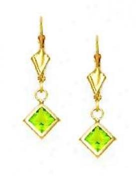 14k Yellow 5 Mm Square Peridot-green Cz Drop Earrings