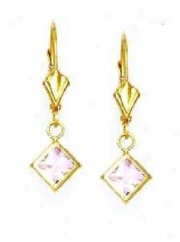14k Yellow 5 Mm Square Rose-pink Cz Drop Lever-back Earrings