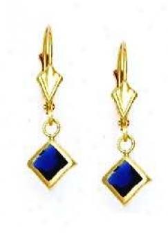 14k Yellow 5 Mm Square Sapphire-blue Cz Drop Earrings