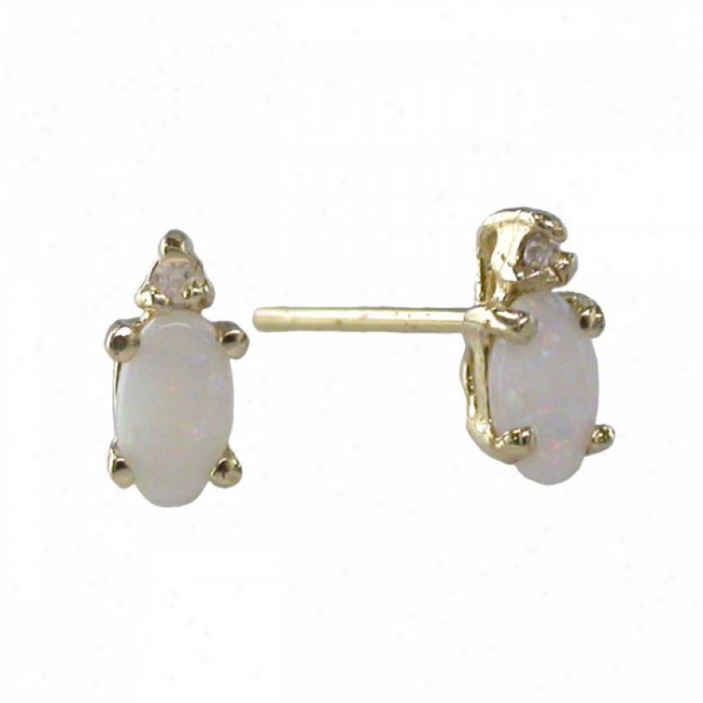 14k Yellow 5x3 Mm Oval Opal And Diamond Stud Earrings