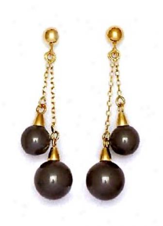 14k Yellow 6 And 7 Mm Round Black Crystal Pearl Earrings