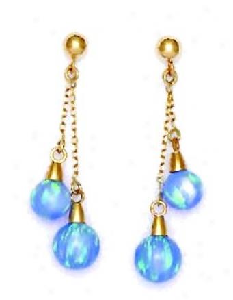 14k Yellow 6 And 7 Mm Round Blue Opal Double Drop Earrings