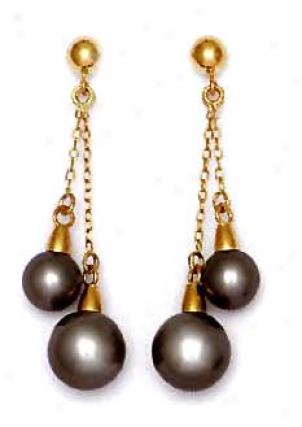 14k Yellow 6 And 7 Mm Round Dark-gray Crystal Pearl Earrings