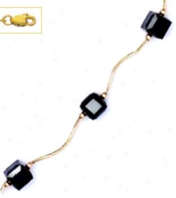14k Yellow 6 Mm Cube Black Crystal Bar Station Necklace