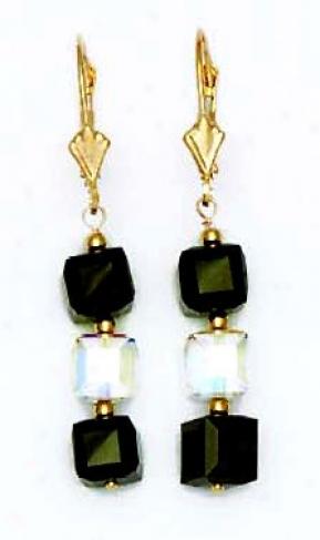 14k Yellow 6 Mm Cube Clear And Jet-black Crystal Earrings