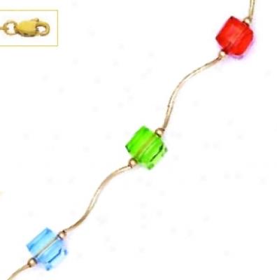 14k Yellow 6 Mm Cube Orange Green And Blue Crystal Necklace