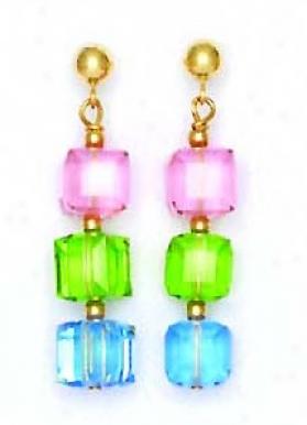 14k Yellow 6 Mm Cube Pink Green And Blue Crystal Earrings