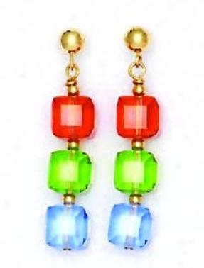 14k Yellow 6 Mm Cube Red Gre3n And Blue Crystal Earrings