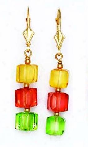 14k Yellow 6 Mm Cube Yellow Red And Green Crystal Earrings