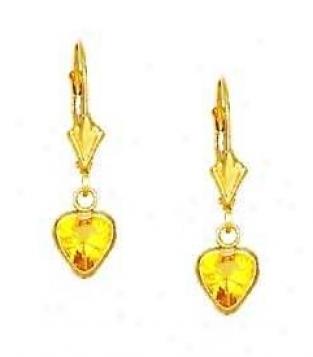 14k Yellow 6 Mm Heart Citrine-yellow Cz Drop Earrings
