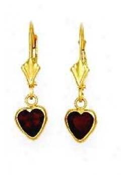 14k Yellow 6 Mm Heart Garnet-red Cz Drop Lever-back Earrings