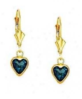 14k Yellow 6 Mm Heart Topaz-blue Cz Drop Lever-back Earrings