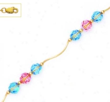 14k Yellow 6 Mm Round Blue And Pink Crystal Necklace