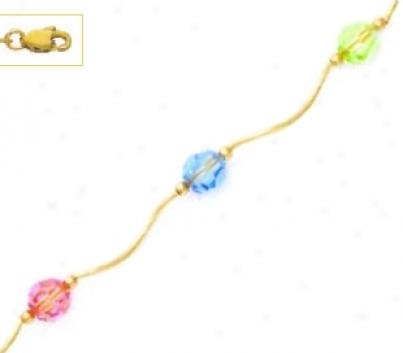 14k Yellow 6 Mm Round Blue Green And Scallop Crystal Necklace