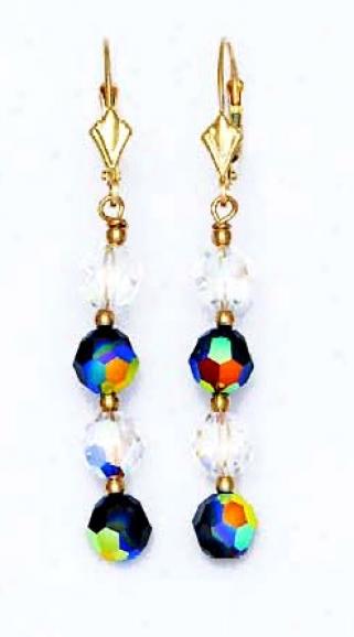 14k Yellow 6 Mm Round Clear And Jet-rainbow Crystal Earrings