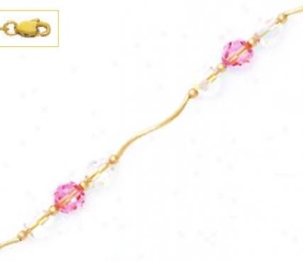 14k Golden 6 Mm Round Clear And Pink Crystal Necklace