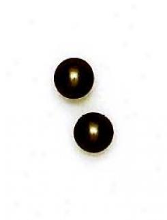 14k Yellow 6 Mm Round Dark-grey Crystal Peark Earrings