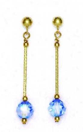 14k Yellow 6 Mm Round Light-blue Crystal Drop Earrings