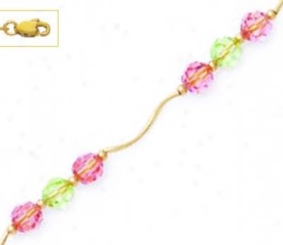 14k Yellow 6 Mm Roind Pink And Green Crystal Necklace